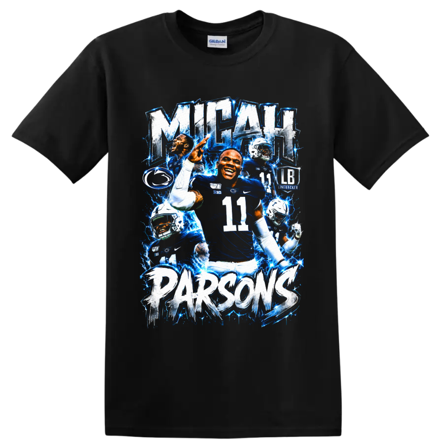 Micah Parsons Penn State linebacker collage with number 11 and electric blue lightning on a Black T Shirt