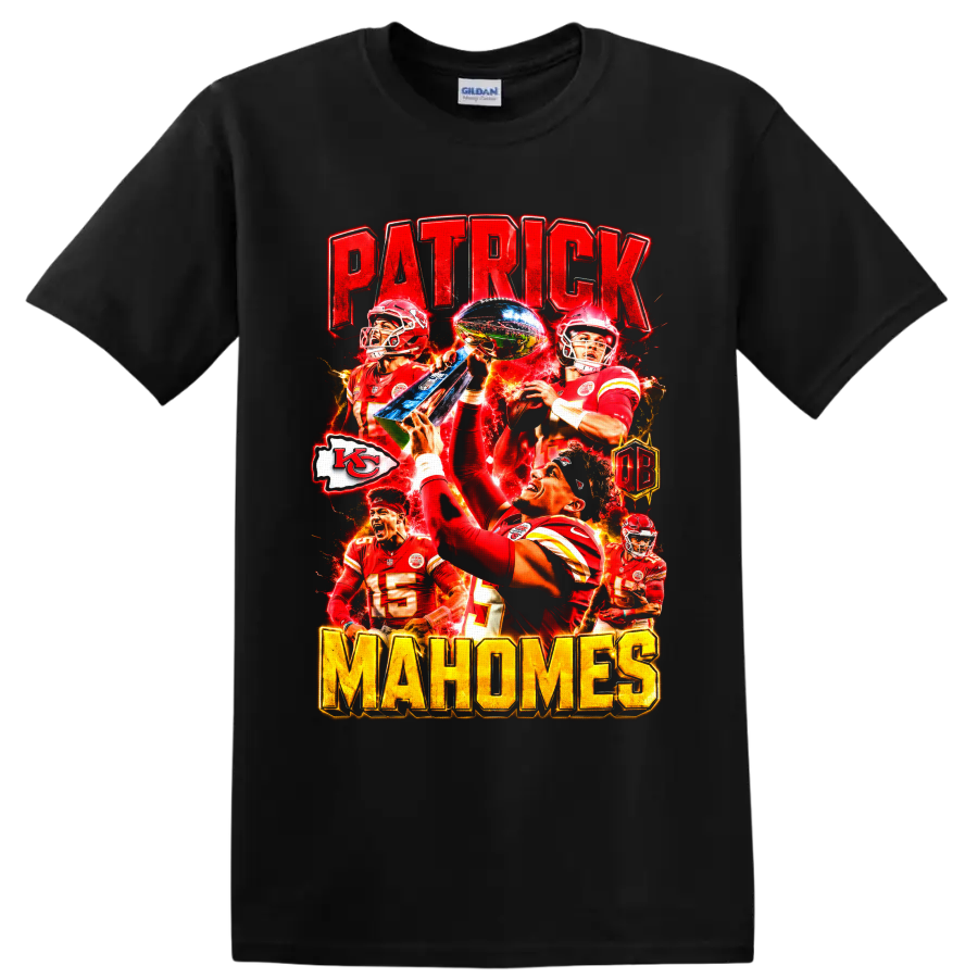 Patrick Mahomes Chiefs trophy football collage with PATRICK and MAHOMES lettering on a Black T Shirt