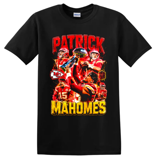 Patrick Mahomes Chiefs trophy football collage with PATRICK and MAHOMES lettering on a Black T Shirt