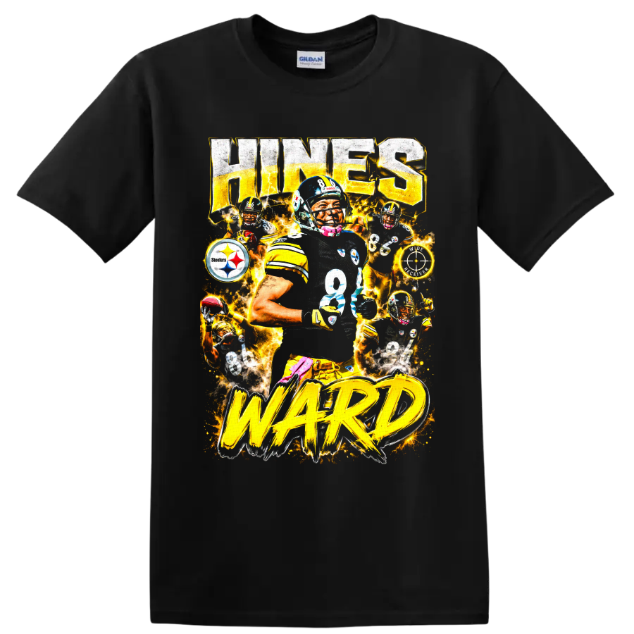 Hines Ward Steelers No. 86 action collage with gold lightning and bold Hines Ward on a Black T Shirt