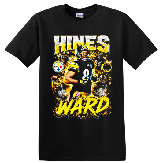 Hines Ward Steelers No. 86 action collage with gold lightning and bold Hines Ward on a Black T Shirt