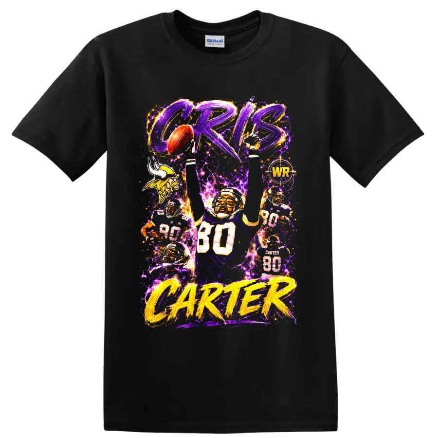 Cris Carter Vikings number 80 football collage with purple lightning and gold lettering on a Black T Shirt