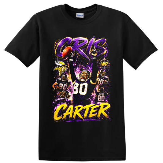 Cris Carter Vikings number 80 football collage with purple lightning and gold lettering on a Black T Shirt