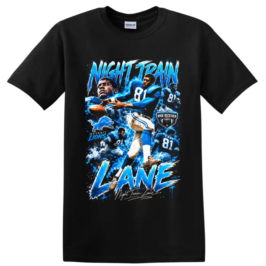 Dick Night Train Lane Detroit Lions football action collage with electric blue lettering on a Black T Shirt