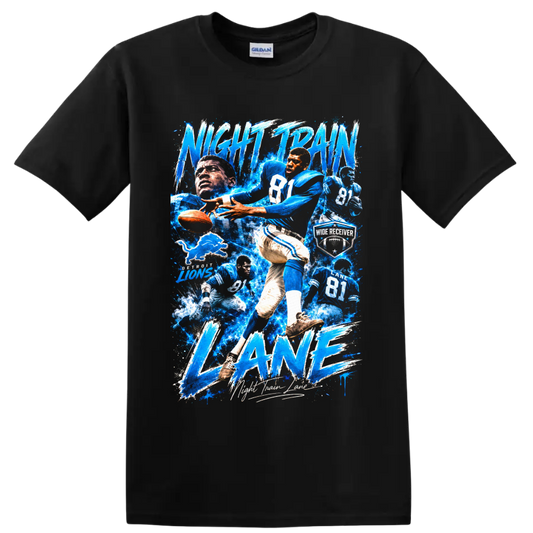 Dick Night Train Lane Detroit Lions football action collage with electric blue lettering on a Black T Shirt