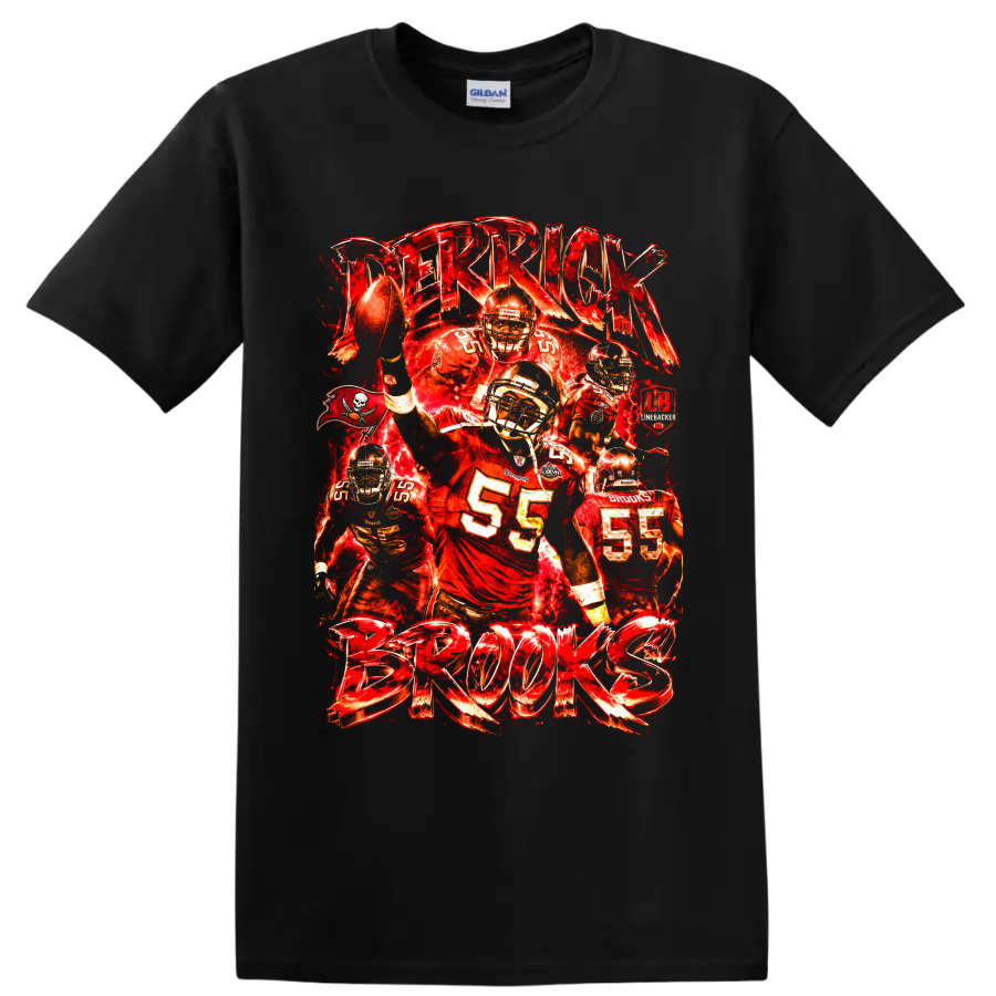 Derrick Brooks number 55 Tampa Bay Buccaneers linebacker collage with bold Brooks on a Black T Shirt