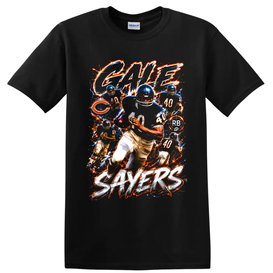Gale Sayers Chicago Bears No. 40 football action collage with electric fiery effects on a Black T Shirt