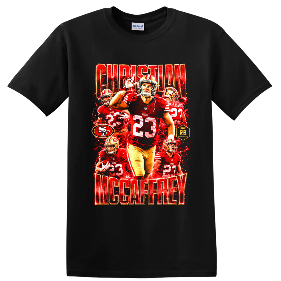 Christian McCaffrey 49ers number 23 football collage with red lightning and player on a Black T Shirt
