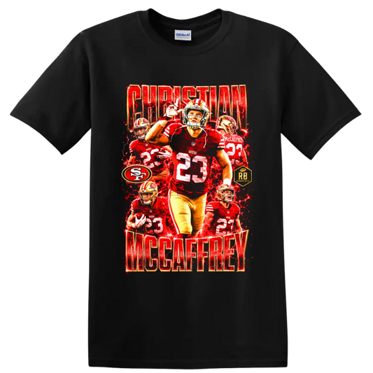 Christian McCaffrey 49ers number 23 football collage with red lightning and player on a Black T Shirt