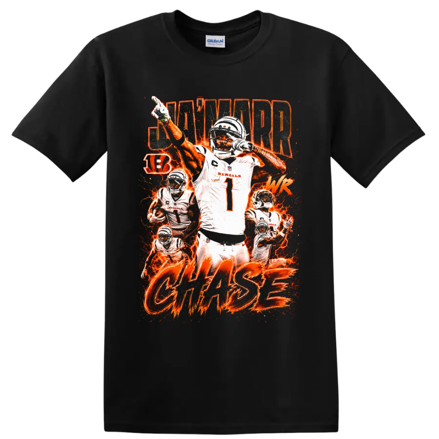 Ja'Marr Chase Bengals number 1 action collage with fiery orange lightning and CHASE text on a Black T Shirt