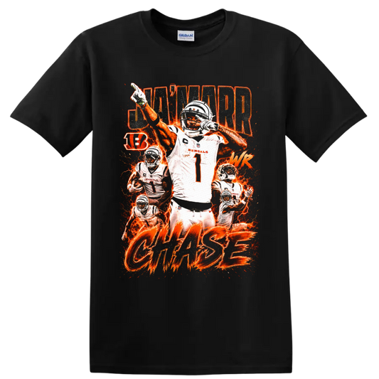 Ja'Marr Chase Bengals number 1 action collage with fiery orange lightning and CHASE text on a Black T Shirt