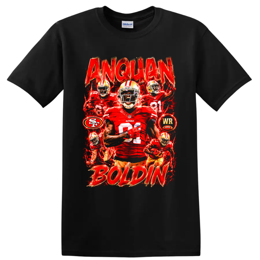 Anquan Boldin 49ers wide receiver action collage with distressed ANQUAN BOLDIN text on a Black T Shirt