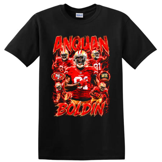 Anquan Boldin 49ers wide receiver action collage with distressed ANQUAN BOLDIN text on a Black T Shirt