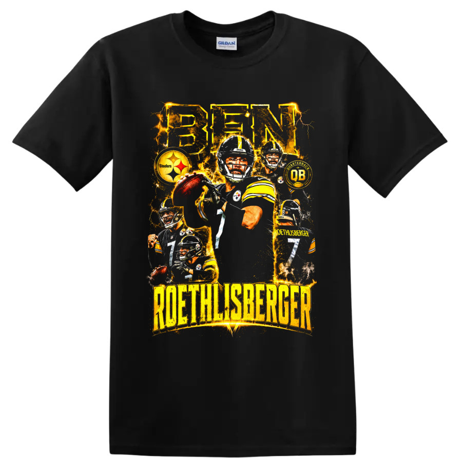 Ben Roethlisberger Pittsburgh Steelers number 7 lightning football collage on a Black T Shirt