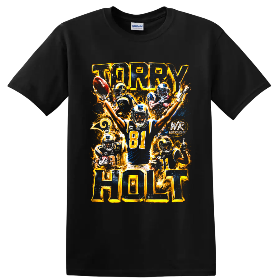 Torry Holt St. Louis Rams number 81 fiery football action collage on a Black T Shirt