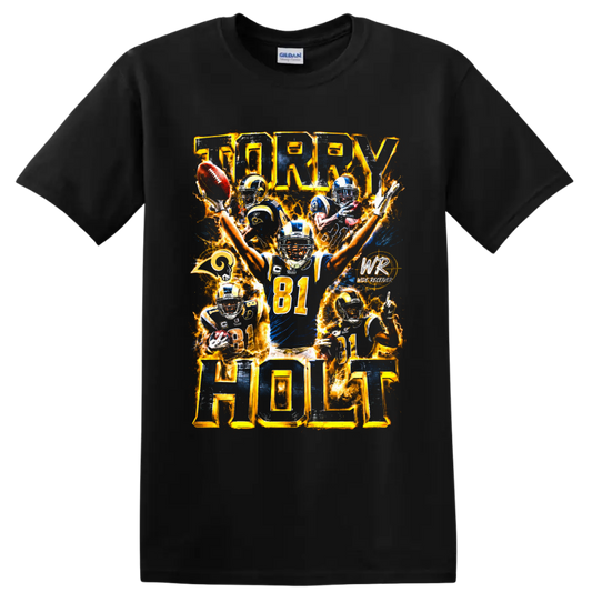 Torry Holt St. Louis Rams number 81 fiery football action collage on a Black T Shirt