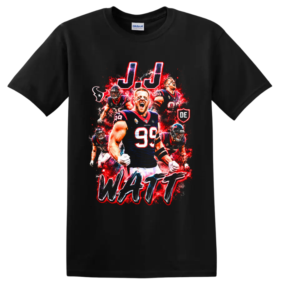 J.J. Watt Houston Texans number 99 football action collage with J.J. and WATT text on a Black T Shirt