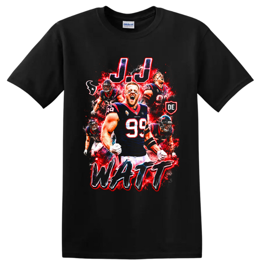 J.J. Watt Houston Texans number 99 football action collage with J.J. and WATT text on a Black T Shirt