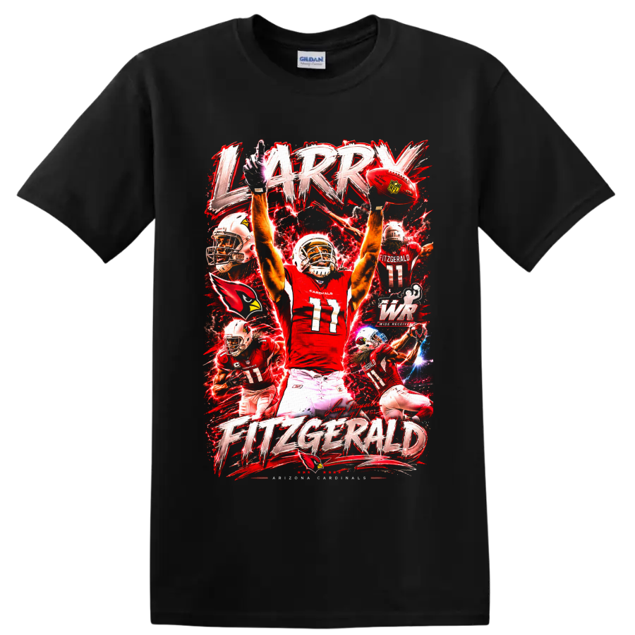 Larry Fitzgerald Arizona Cardinals number 11 action collage with red lightning lettering on a Black T Shirt