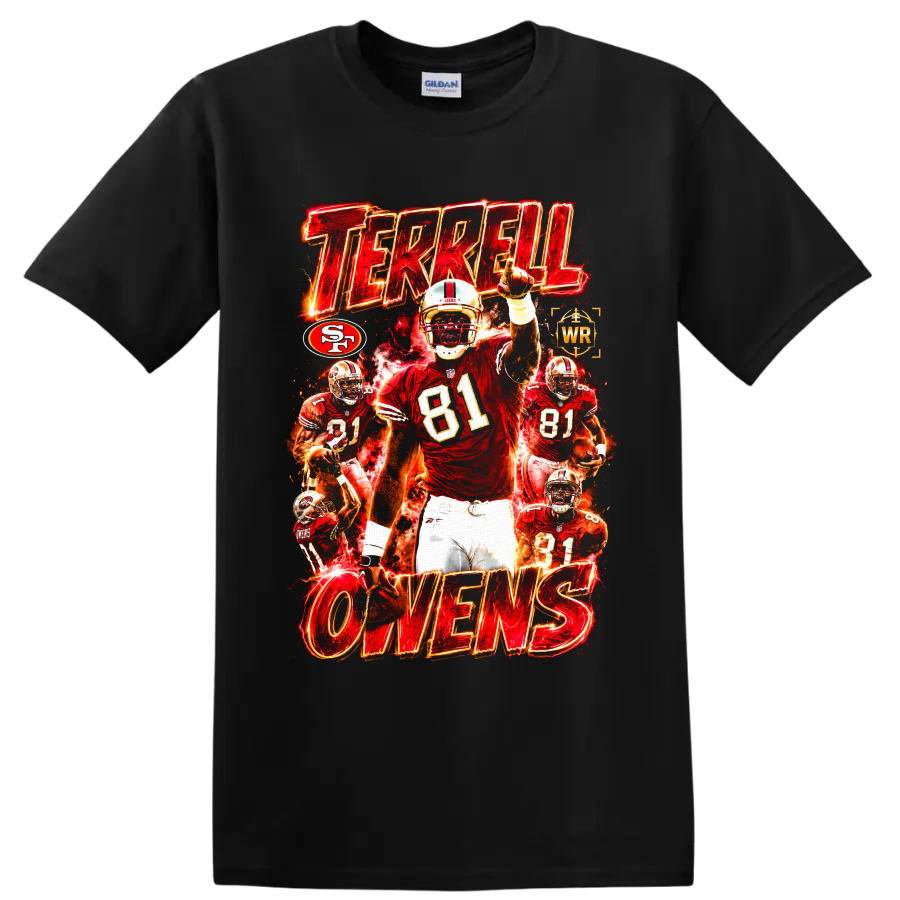 Terrell Owens 49ers number 81 fiery football collage with TERRELL OWENS text on a Black T Shirt