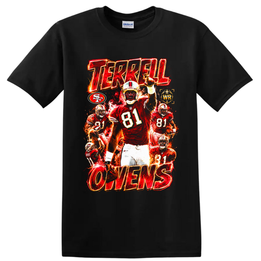 Terrell Owens 49ers number 81 fiery football collage with TERRELL OWENS text on a Black T Shirt