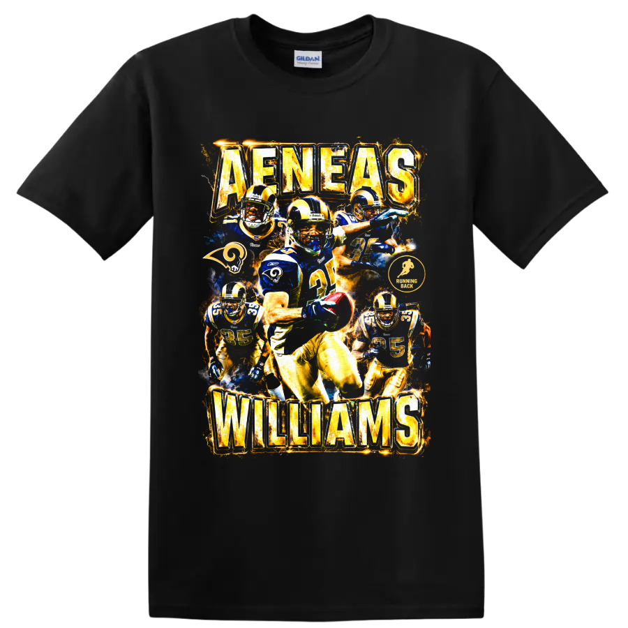 Aeneas Williams St. Louis Rams vintage football action collage with AENEAS WILLIAMS text on a Black T Shirt