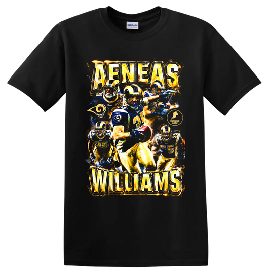 Aeneas Williams St. Louis Rams vintage football action collage with AENEAS WILLIAMS text on a Black T Shirt