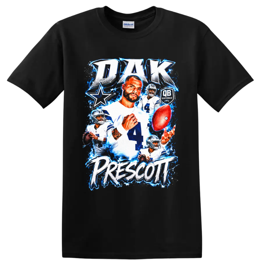 Dak Prescott Dallas Cowboys quarterback collage with football and electric blue effects on a Black T Shirt