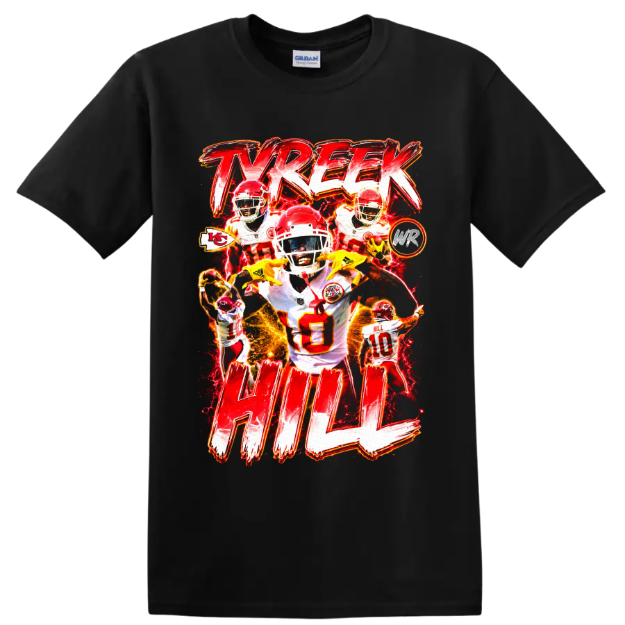 Tyreek Hill Kansas City Chiefs football collage with electric lettering and action poses on a Black T Shirt