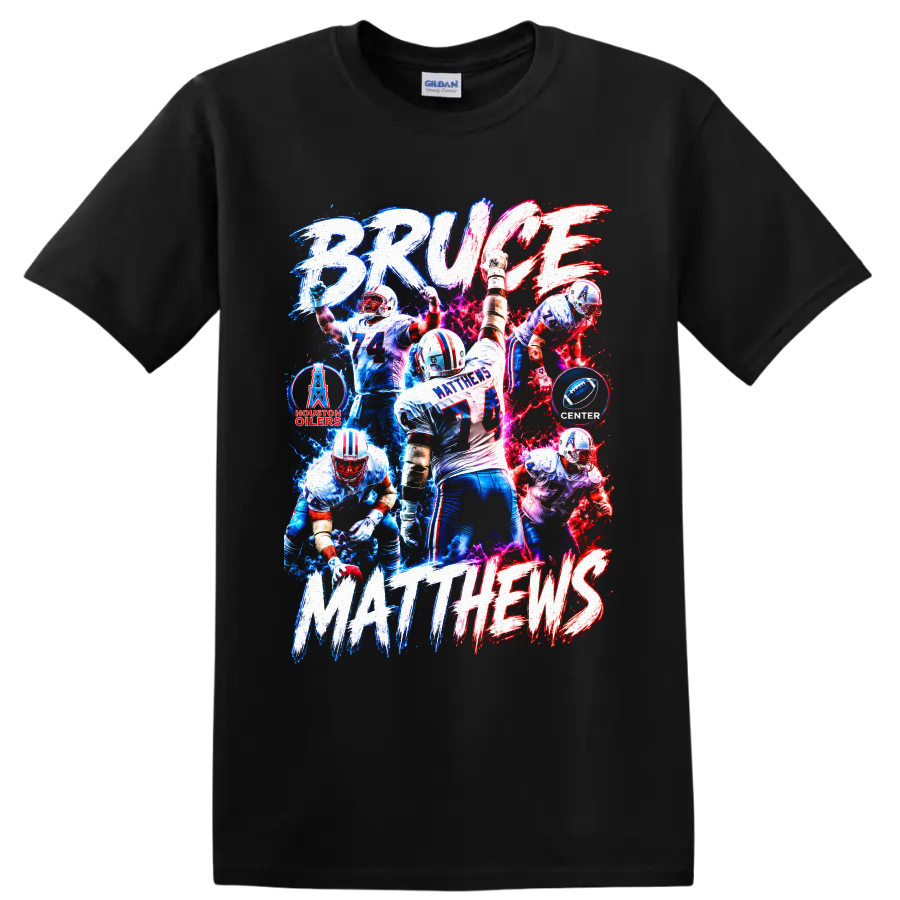 Bruce Matthews Houston Oilers No. 74 football collage with electric BRUCE MATTHEWS on a Black T Shirt