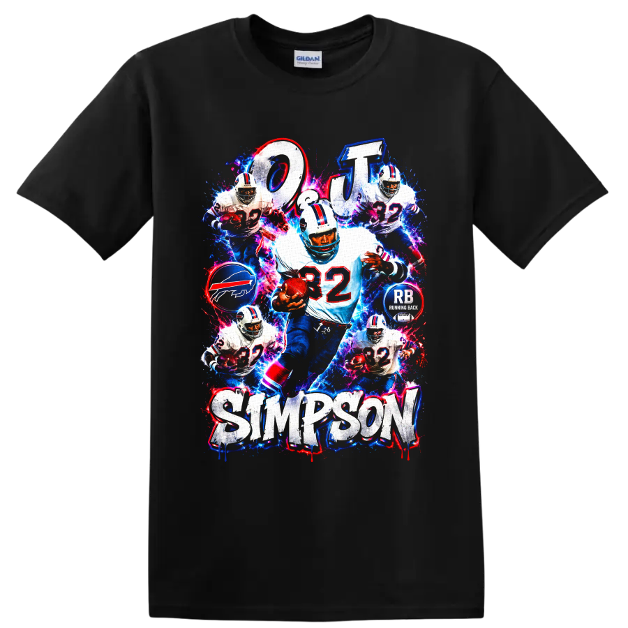 O.J. Simpson Buffalo Bills number 32 running back electric collage graphic on a Black T Shirt