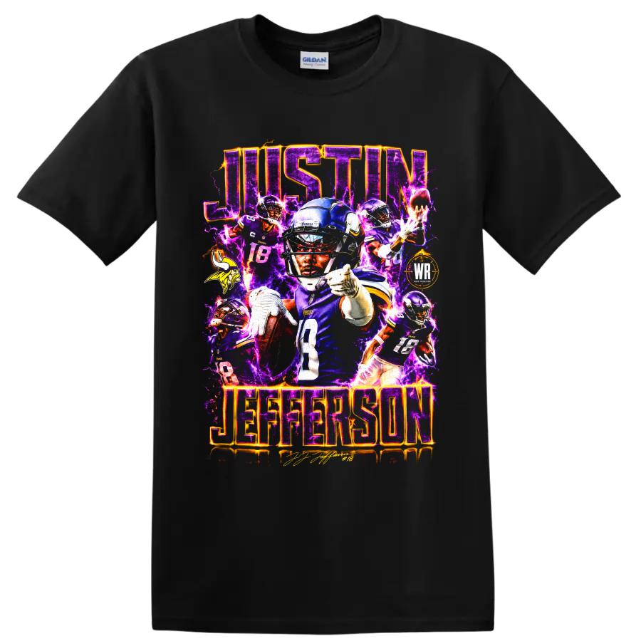 Justin Jefferson Minnesota Vikings number 18 football collage with electric purple on a Black T Shirt