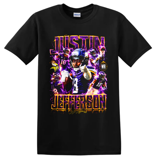 Justin Jefferson Minnesota Vikings number 18 football collage with electric purple on a Black T Shirt