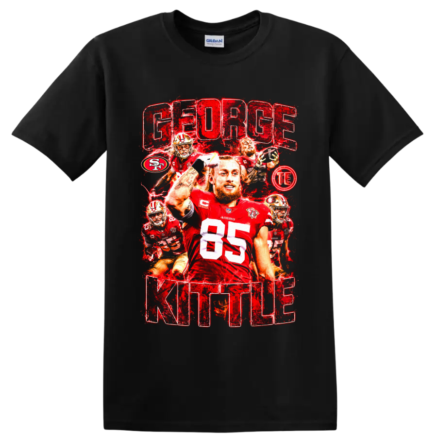 George Kittle 49ers number 85 football collage with distressed GEORGE KITTLE text on a Black T Shirt