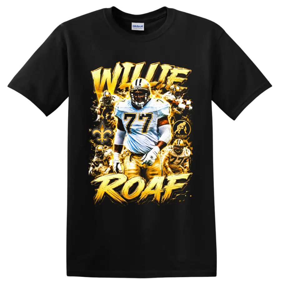 Willie Roaf Saints football collage with number 77, fleur-de-lis, and ROAF lettering on a Black T Shirt