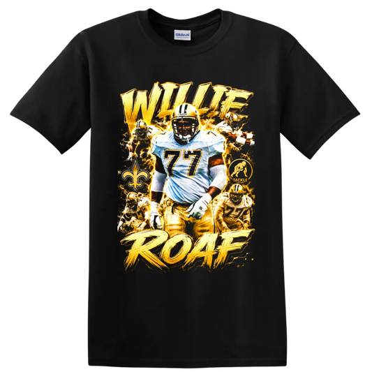 Willie Roaf Saints football collage with number 77, fleur-de-lis, and ROAF lettering on a Black T Shirt