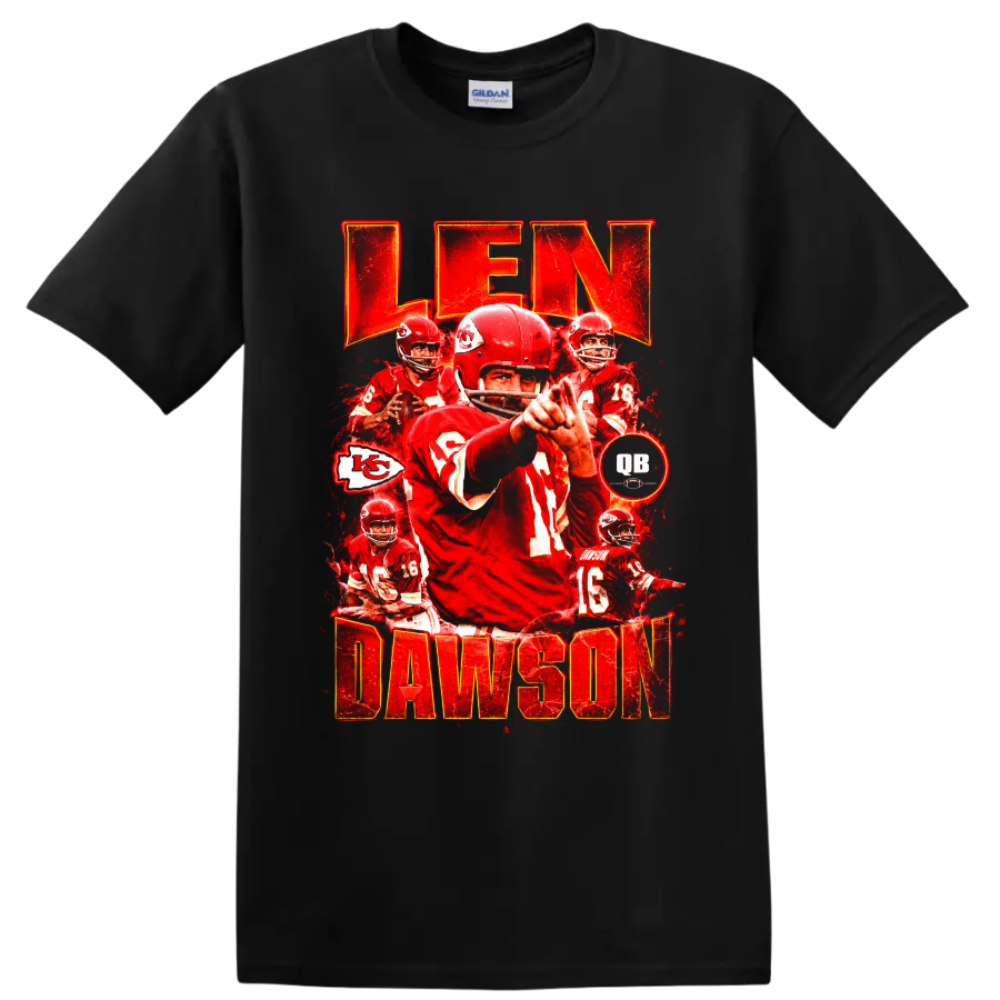 Len Dawson Kansas City Chiefs quarterback vintage red collage with LEN DAWSON text on a Black T Shirt