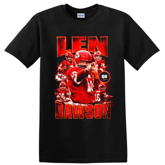 Len Dawson Kansas City Chiefs quarterback vintage red collage with LEN DAWSON text on a Black T Shirt