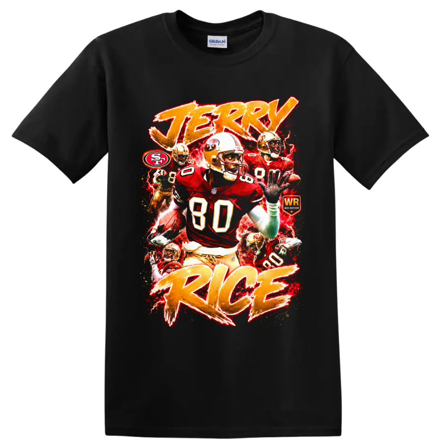 Jerry Rice 49ers wide receiver collage with number 80, red lightning, and gold lettering on a Black T Shirt