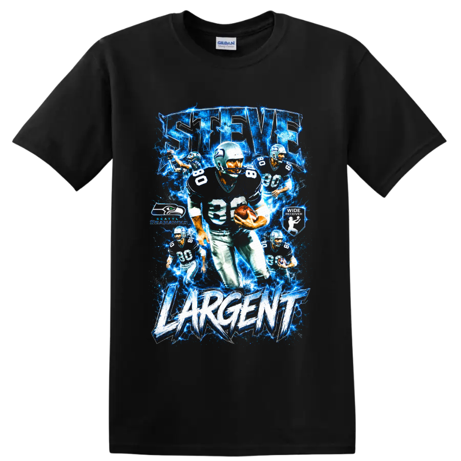 Steve Largent Seattle Seahawks number 80 electric blue football collage with Largent text on a Black T Shirt