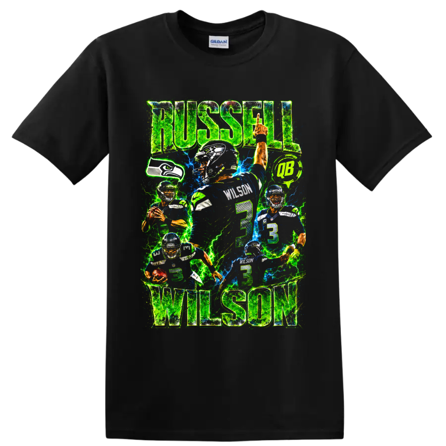 Russell Wilson Seahawks number 3 neon football collage with RUSSELL WILSON text on a Black T Shirt