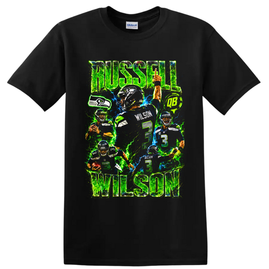 Russell Wilson Seahawks number 3 neon football collage with RUSSELL WILSON text on a Black T Shirt