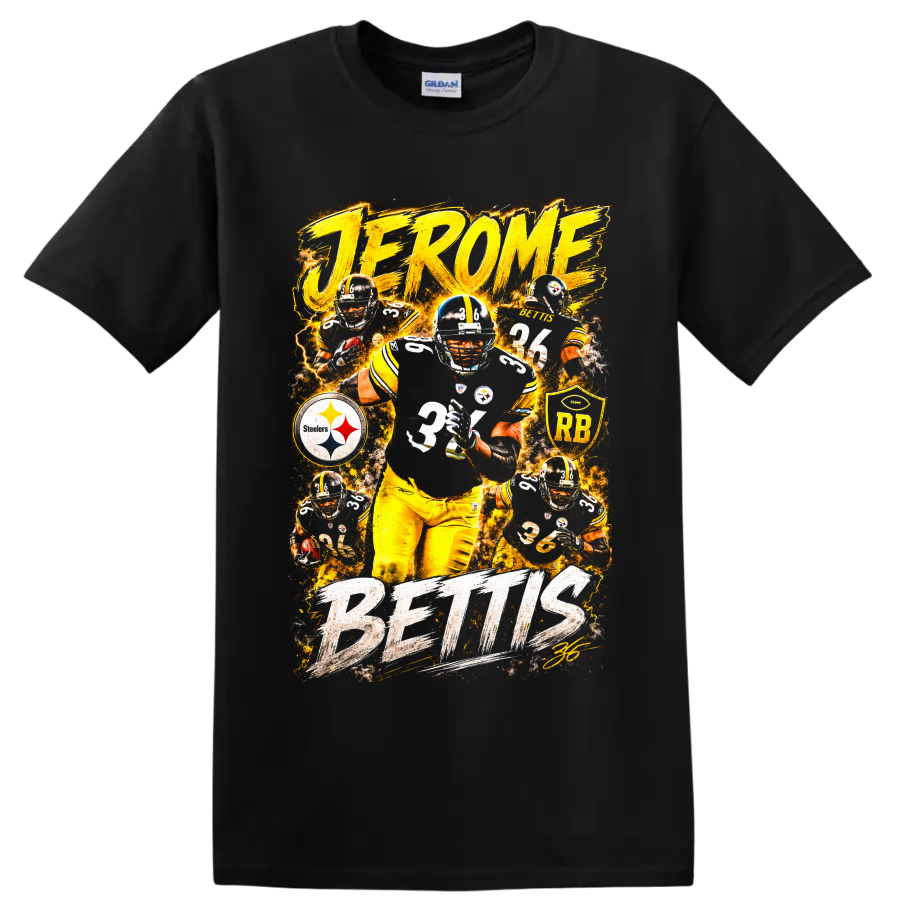 Jerome Bettis Pittsburgh Steelers number 36 fiery football action collage on a Black T Shirt