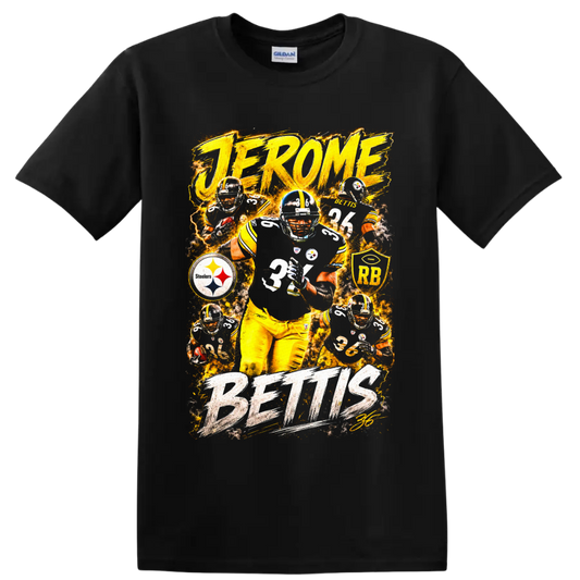 Jerome Bettis Pittsburgh Steelers number 36 fiery football action collage on a Black T Shirt
