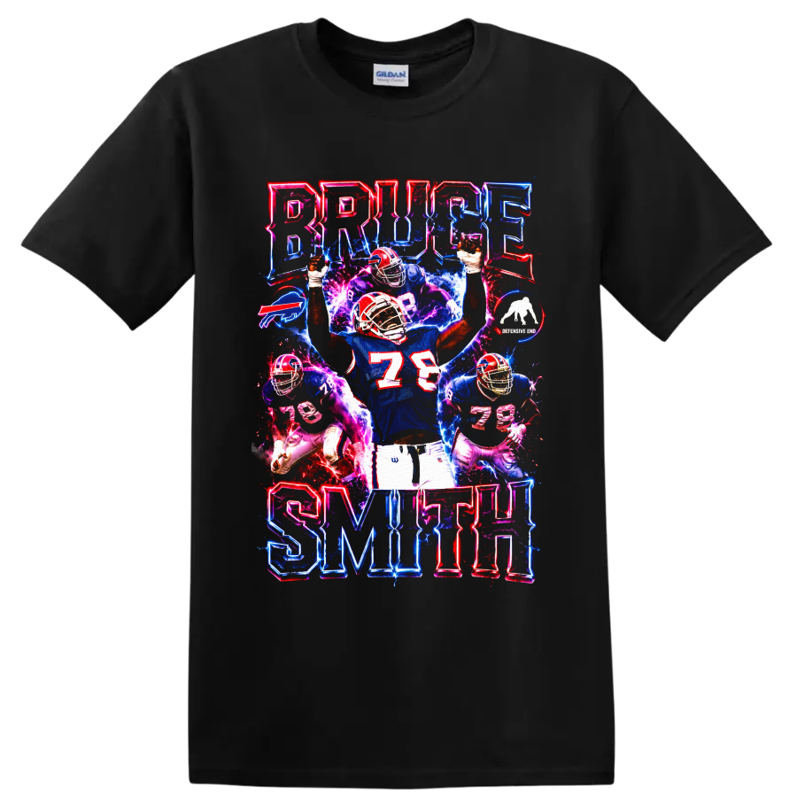 Bruce Smith Buffalo Bills number 78 neon football action collage on a Black T Shirt
