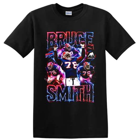 Bruce Smith Buffalo Bills number 78 neon football action collage on a Black T Shirt