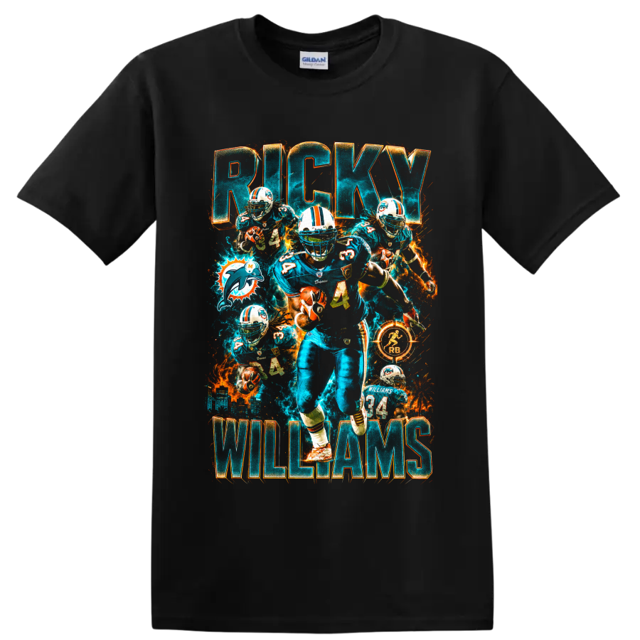 Ricky Williams Miami Dolphins number 34 action collage with RICKY and WILLIAMS text on a Black T Shirt