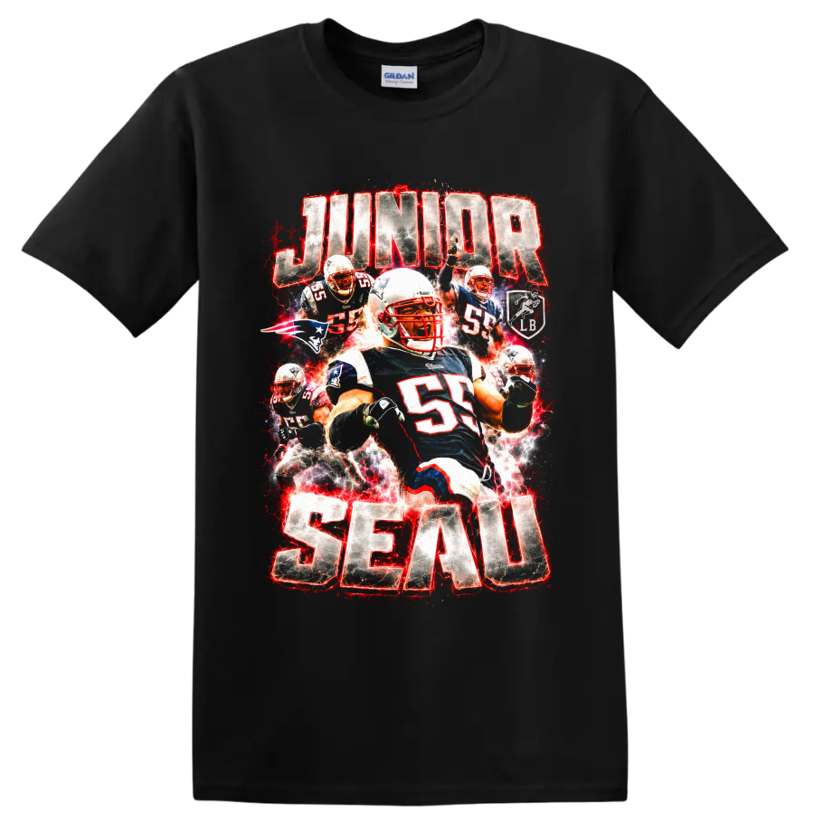 Junior Seau Patriots linebacker action collage with red electric splatter and bold on a Black T Shirt