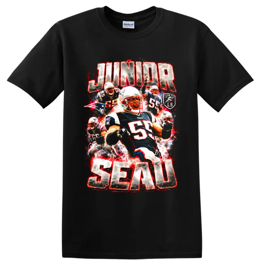 Junior Seau Patriots linebacker action collage with red electric splatter and bold on a Black T Shirt
