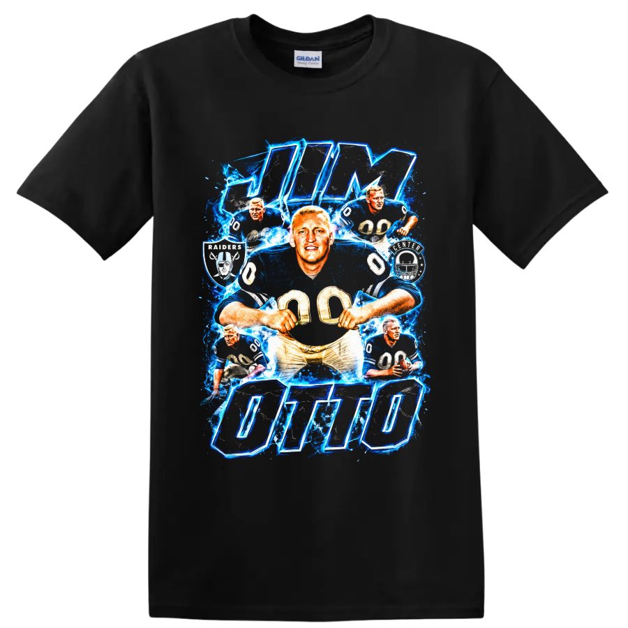 Jim Otto Oakland Raiders number 00 action collage with lightning and bold OTTO lettering on a Black T Shirt